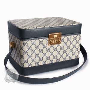 80s Gucci Train Case Vanity Carry On Travel Bag GG Logo Canvas Navy Leather